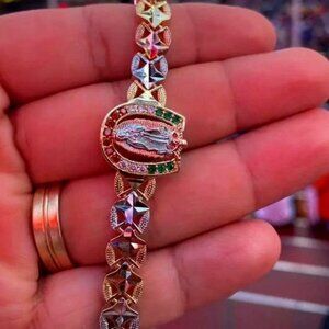 Virgen de Guadalupe Bracelet Green Red Clear CZ Stones Tri Color Gold Filled 7.5